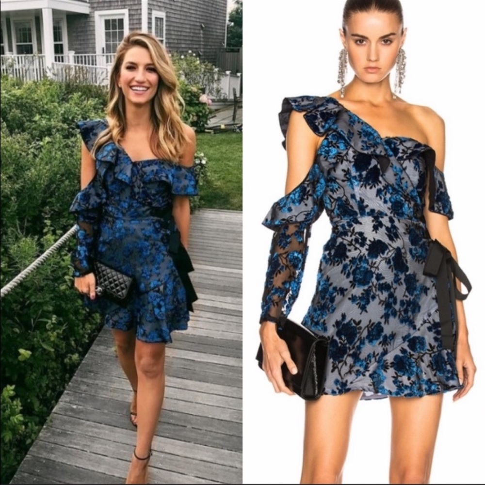Self-Portrait Blue and Black One-Shoulder Floral Ruffle Dress